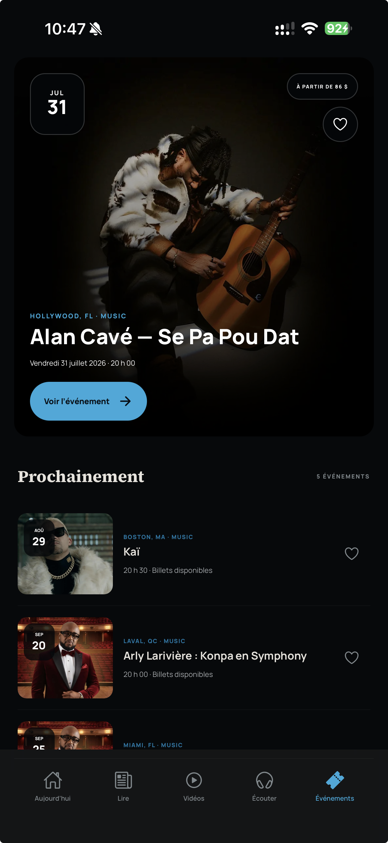 Écran Événements actuel de l’application Chokarella avec artistes, dates et billetterie