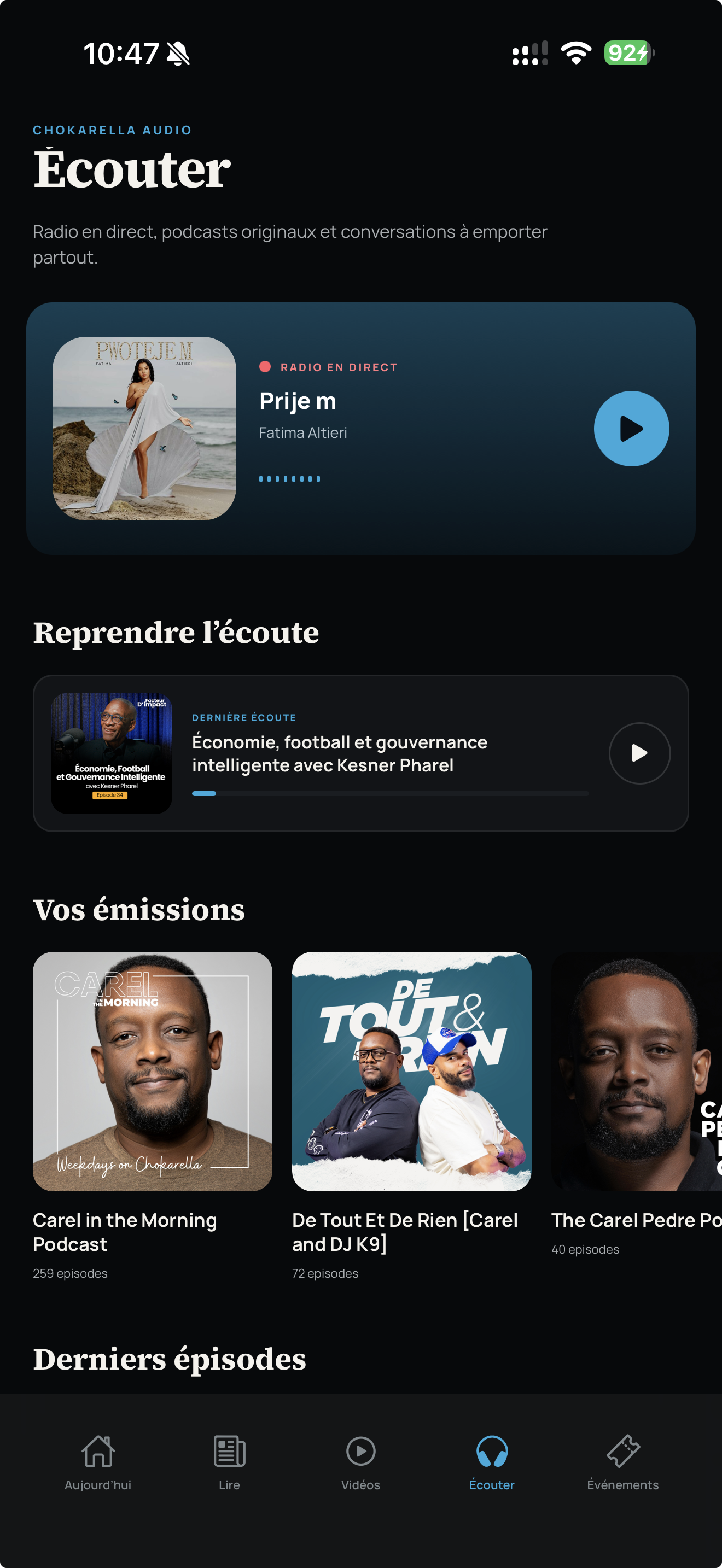 Écran Écouter actuel de l’application Chokarella sur iPhone