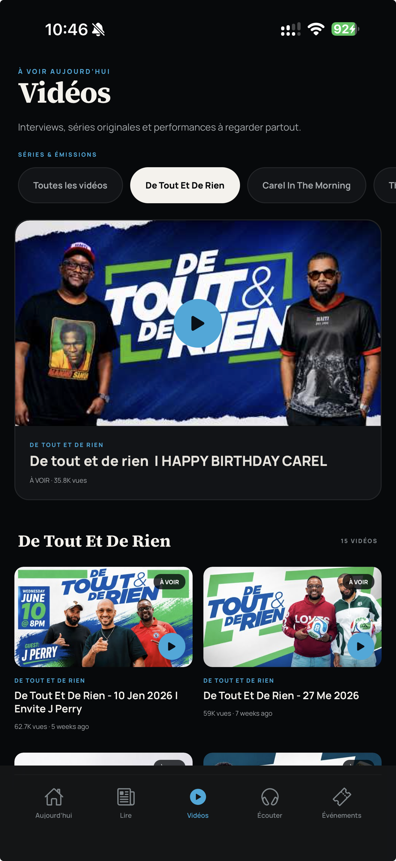 Écran Vidéos actuel de l’application Chokarella sur iPhone